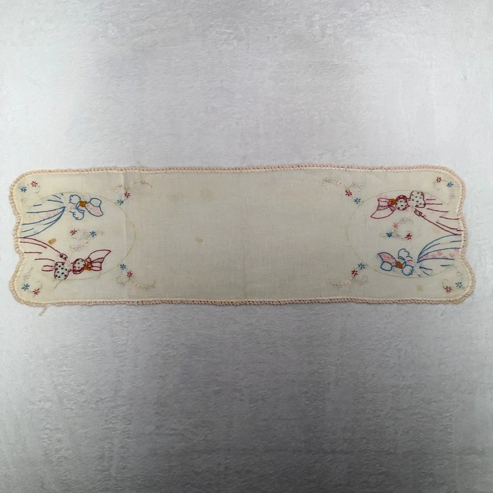 Vintage 35x10 Dresser Runner Hand Embroidered Floral Figures Cream Crochet Trim